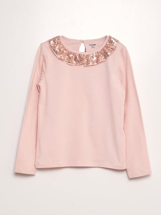 T-shirt avec col en tulle et à sequin