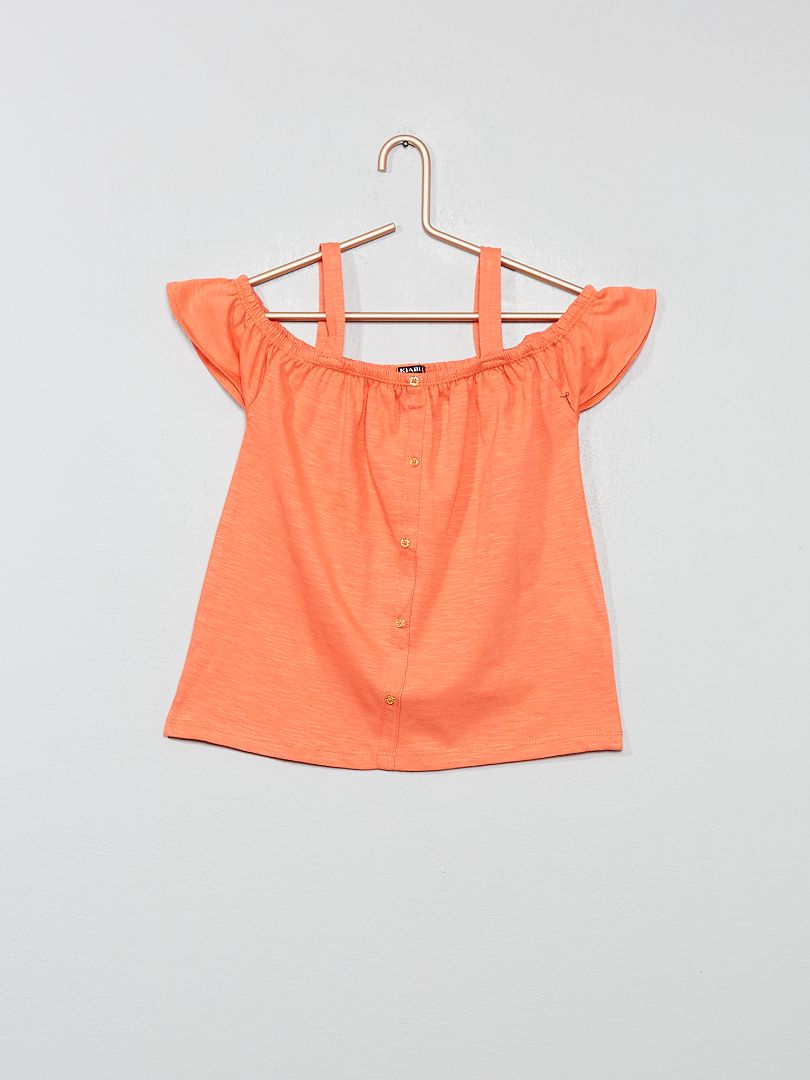 T-shirt bardot avec bretelles orange corail - Kiabi