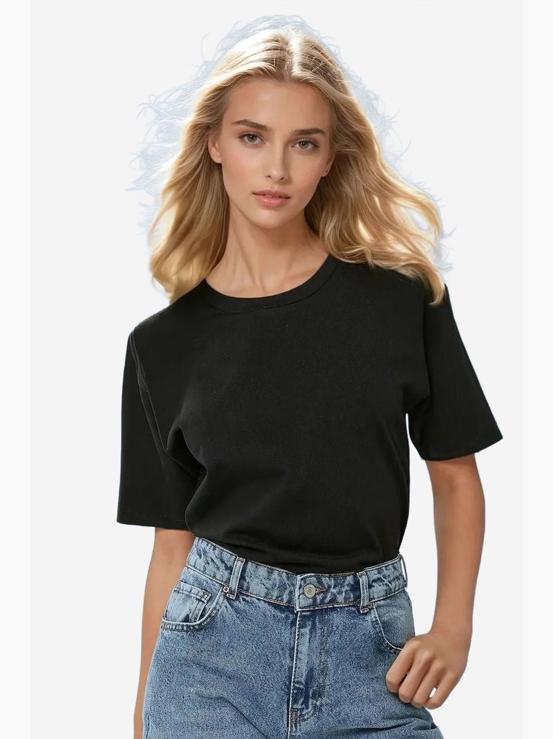 T-shirt basique à col rond en coton hiccup Noir - Kiabi