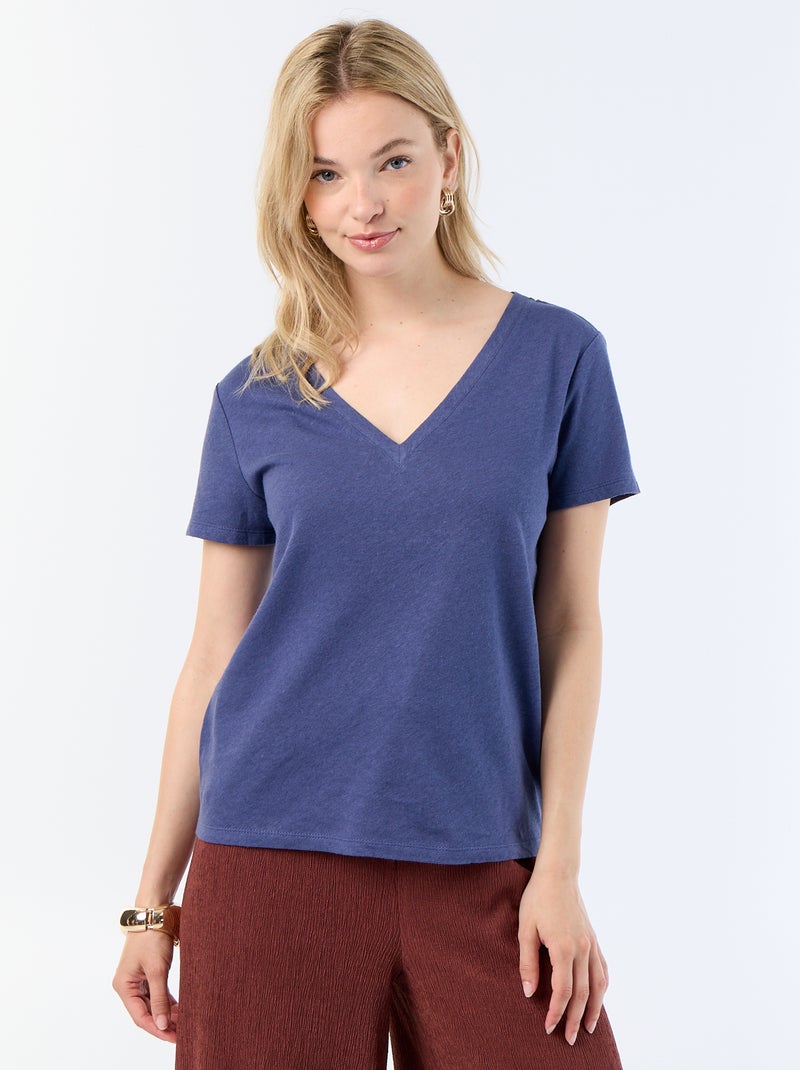 T-shirt basique à manches courtes col V Bleu - Kiabi