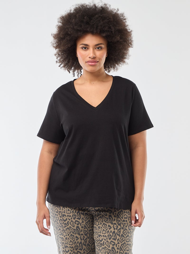 T-shirt basique à manches courtes et col V Noir - Kiabi