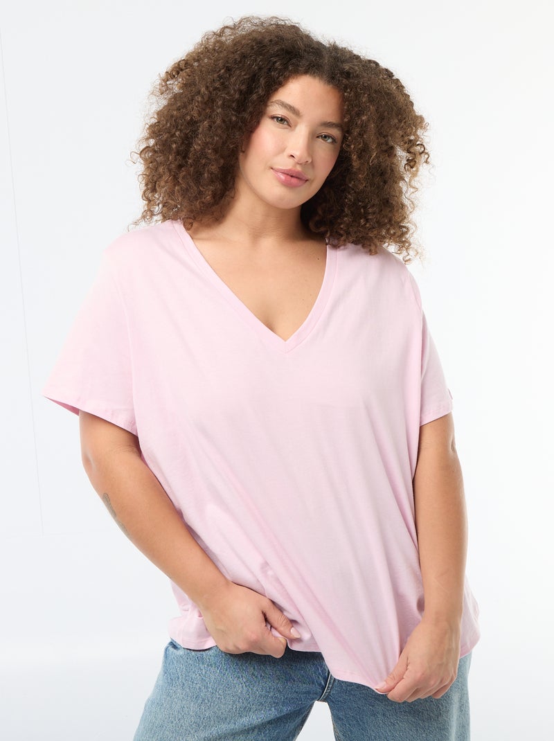 T-shirt basique à manches courtes et col V Rose - Kiabi
