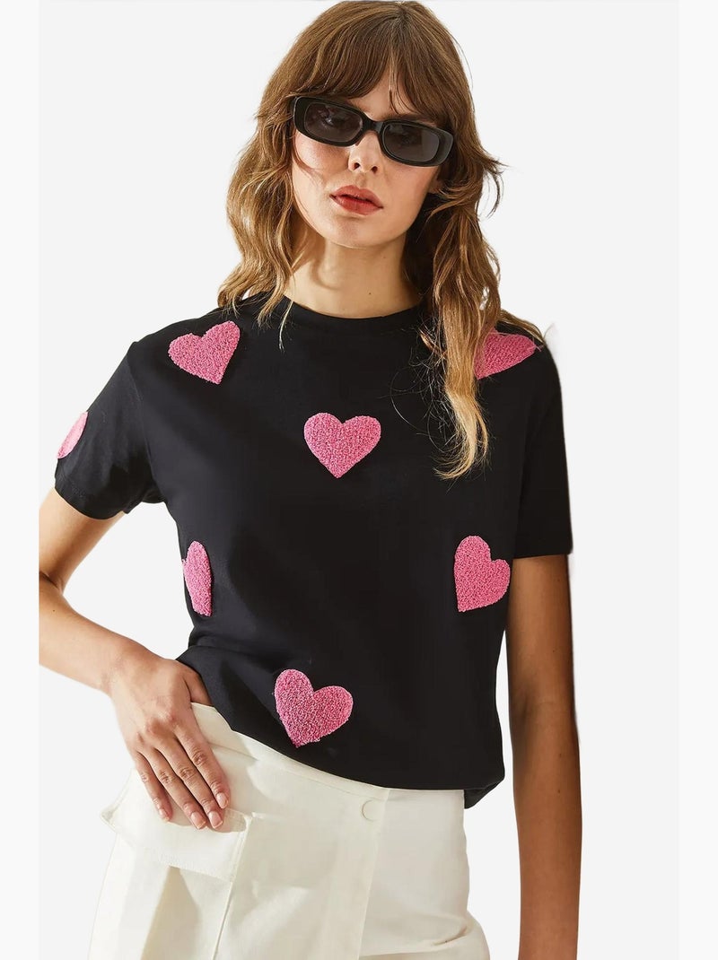 T-shirt basique brodé cœur lucci Noir - Kiabi