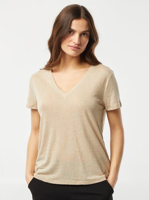 T-shirt basique col V en lin mélangé - Kiabi