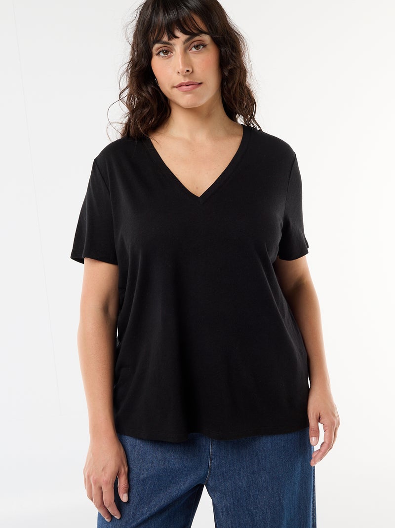 T-shirt basique col V et manches courtes Noir - Kiabi