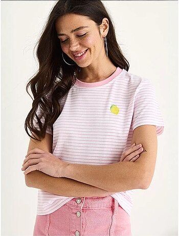 T-shirt basique en coton rayé avec broderie citron lucci