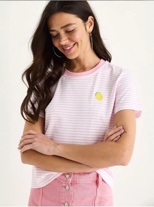 T-shirt basique en coton rayé avec broderie citron lucci - Kiabi