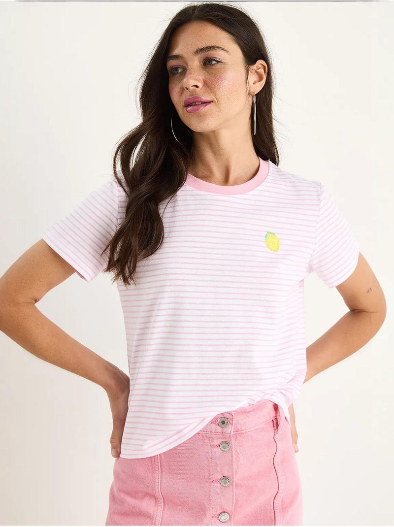 T-shirt basique en coton rayé avec broderie citron lucci Rose fluo/Solinotes - Kiabi