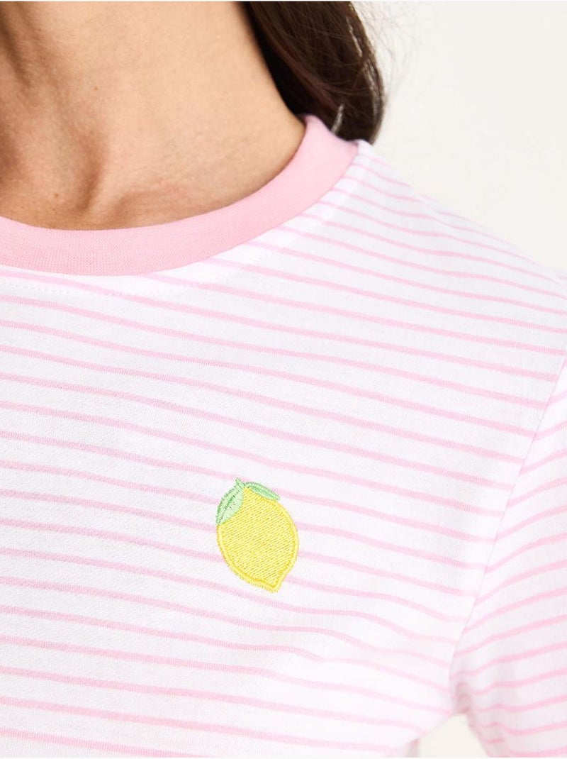 T-shirt basique en coton rayé avec broderie citron lucci Rose fluo/Solinotes - Kiabi