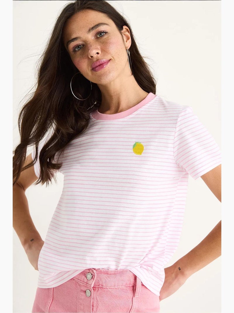 T-shirt basique en coton rayé bianco avec broderie citron lucci Rose fluo/Solinotes - Kiabi