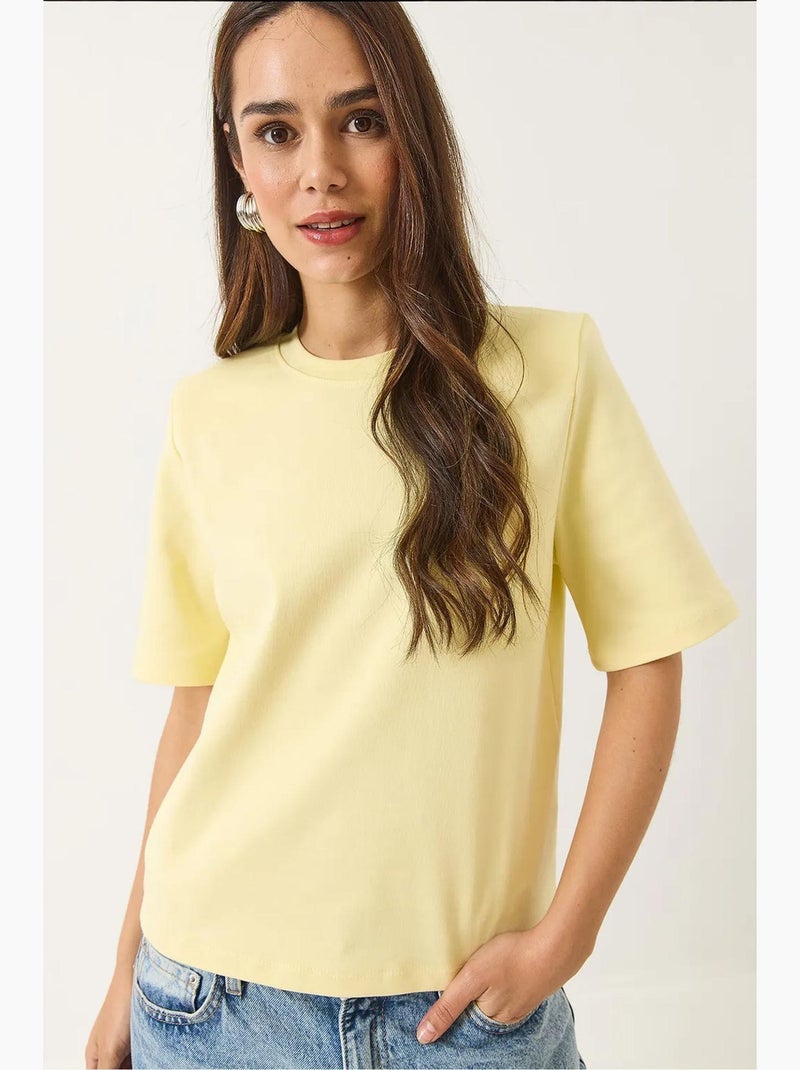 T-shirt basique en coton rembourré à col rond lucci Jaune citron - Kiabi