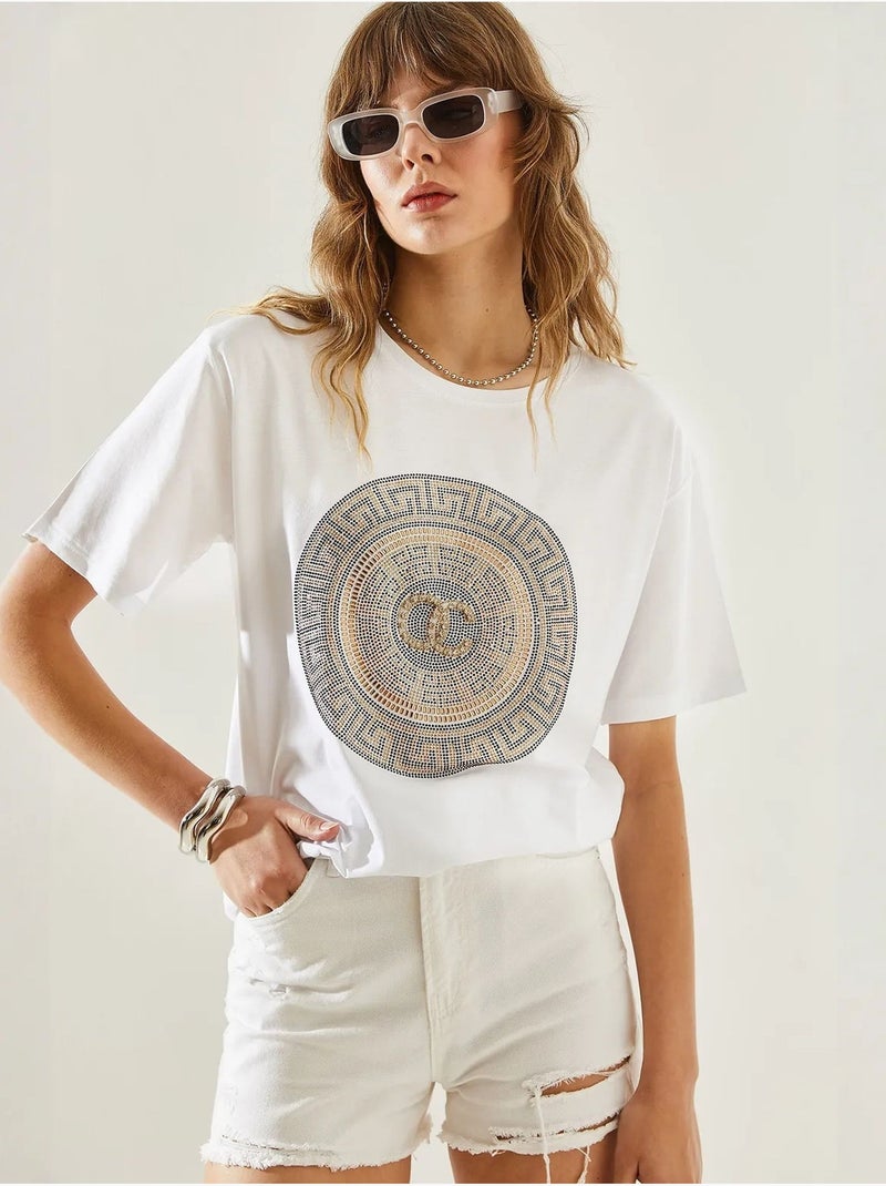 T-shirt basique en jersey à col ras du cou avec détails en pierre lucci Blanc - Kiabi