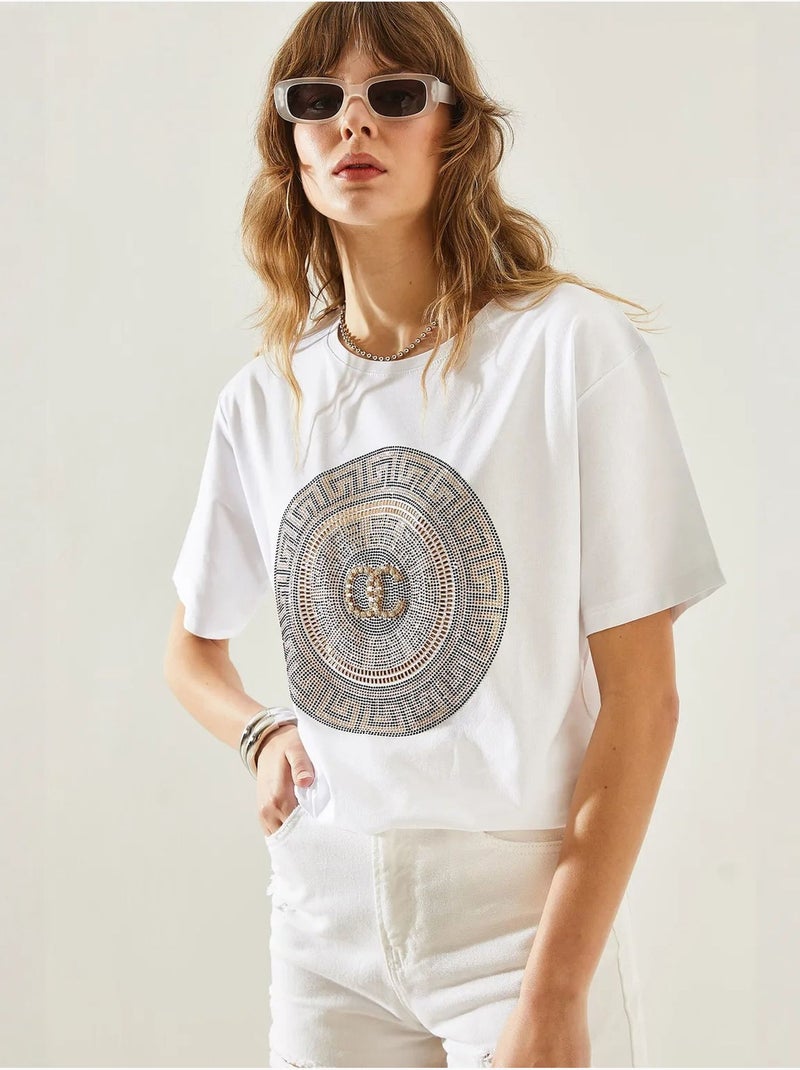 T-shirt basique en jersey à col ras du cou avec détails en pierre lucci Blanc - Kiabi