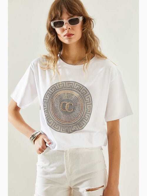 T-shirt basique en jersey à col ras du cou avec détails en pierre lucci - Kiabi