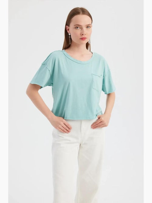 T-shirt basique tissé à manches courtes et col rond hiccup - Kiabi
