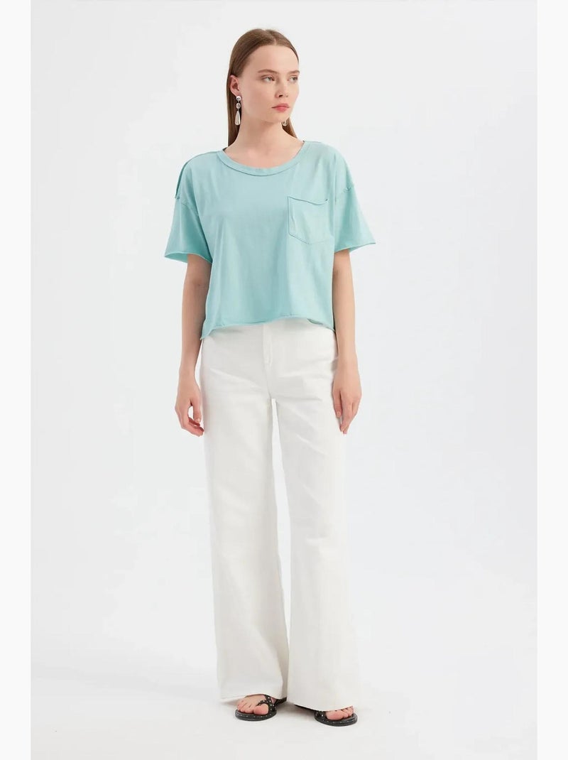 T-shirt basique tissé à manches courtes et col rond hiccup Bleu aqua - Kiabi