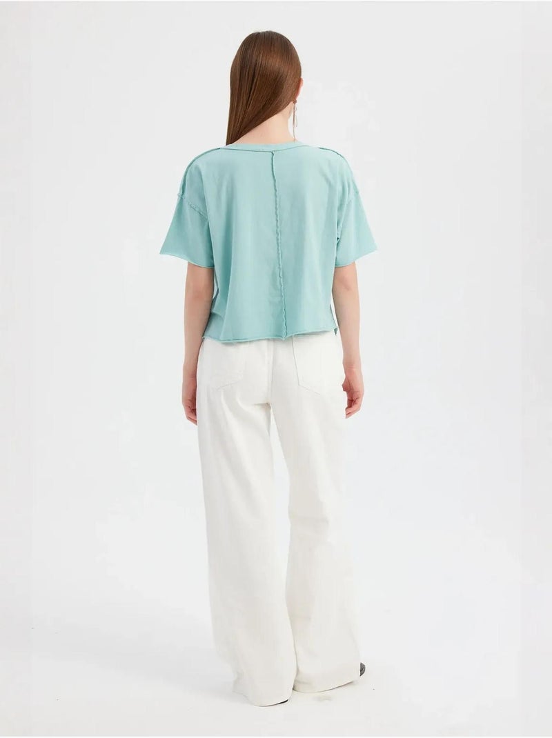T-shirt basique tissé à manches courtes et col rond hiccup Bleu aqua - Kiabi
