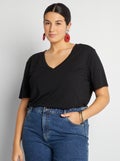 T-shirt basique uni col V noir - Kiabi