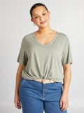 T-shirt basique uni col V Vert - Kiabi