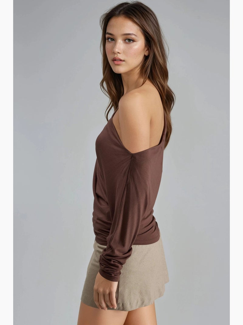 T-shirt boothals gedrapeerd lange mouw busem Lichtbruin - Kiabi
