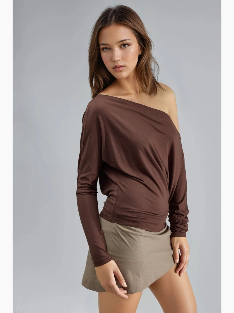 T-shirt boothals gedrapeerd lange mouw busem Lichtbruin - Kiabi