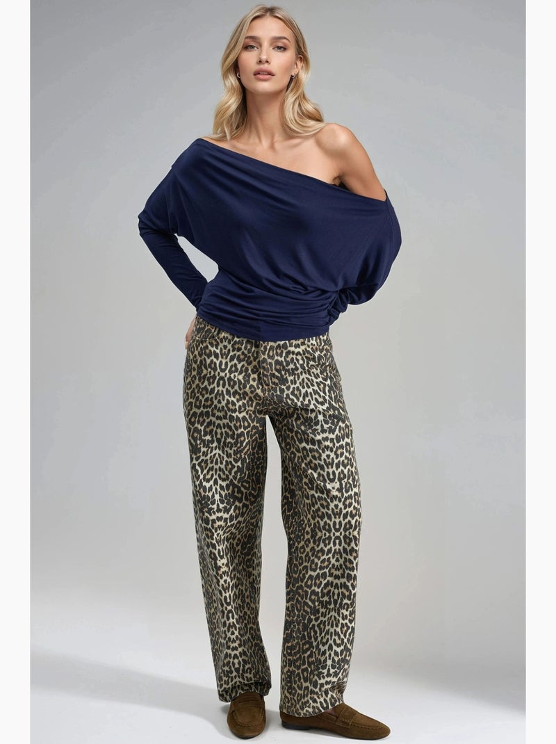 T-shirt boothals gedrapeerd lange mouw busem Marineblauw - Kiabi