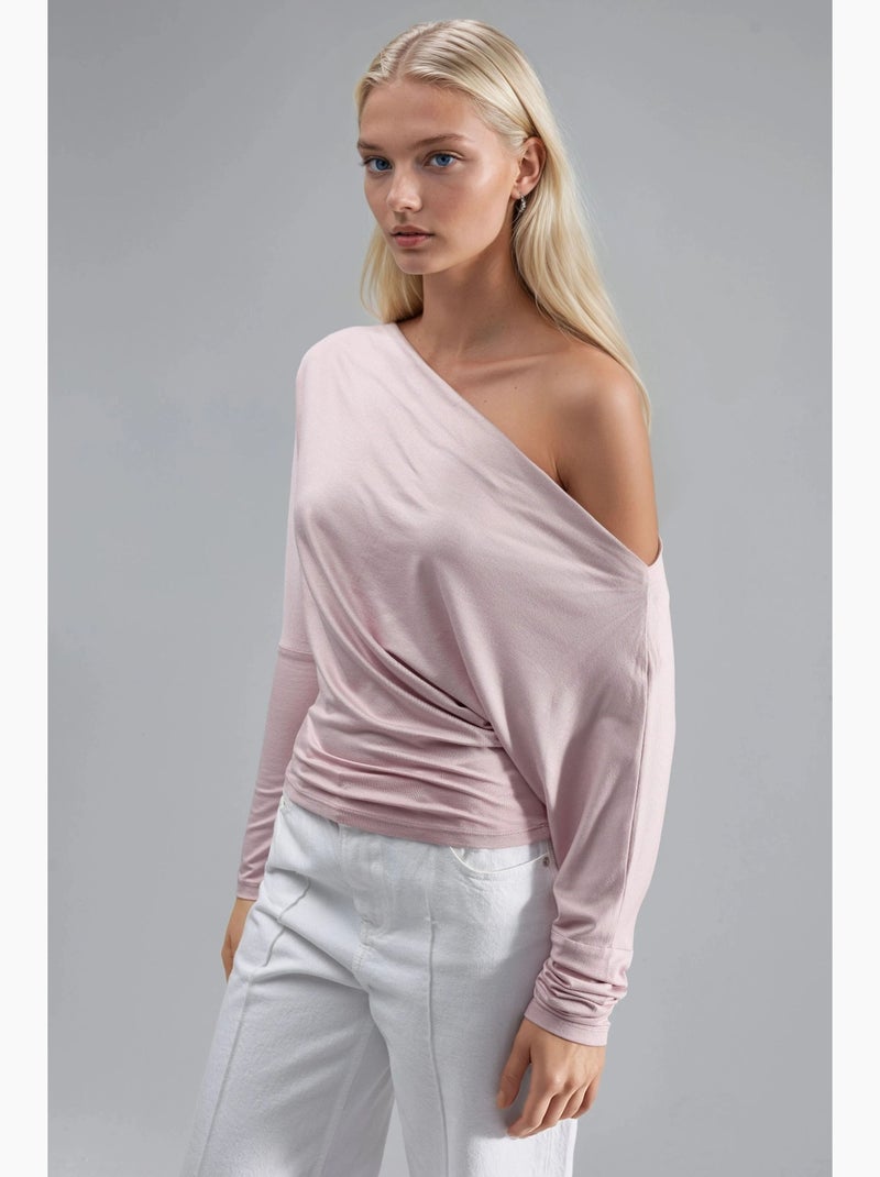 T-shirt boothals gedrapeerd lange mouw busem Suikerroze - Kiabi