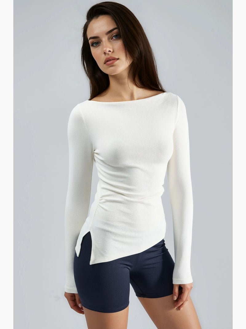 T-shirt boothals katoen lange mouw busem Wit - Kiabi