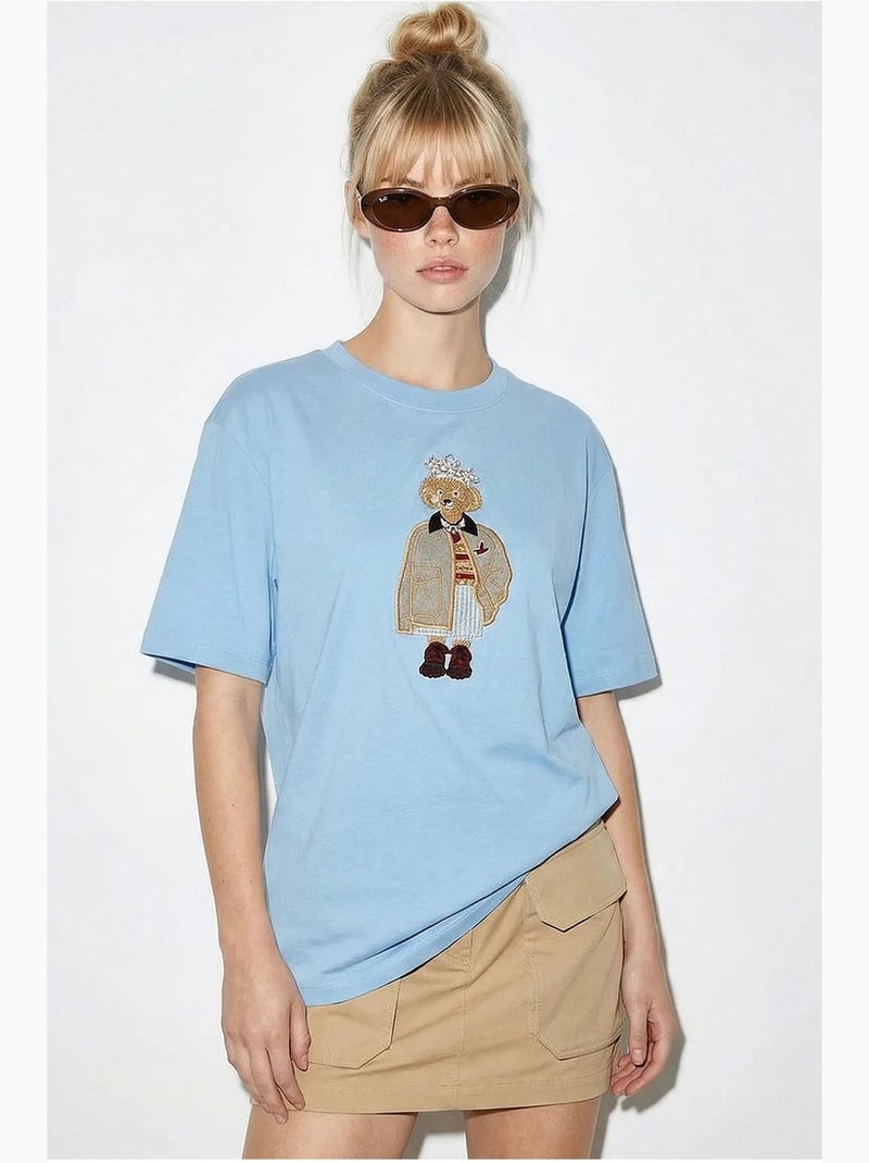 T-shirt brodé à col rond et coupe décontractée lucci Bleu ciel - Kiabi