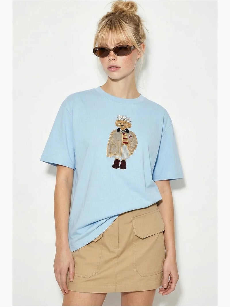 T-shirt brodé à col rond et coupe décontractée lucci Bleu ciel - Kiabi