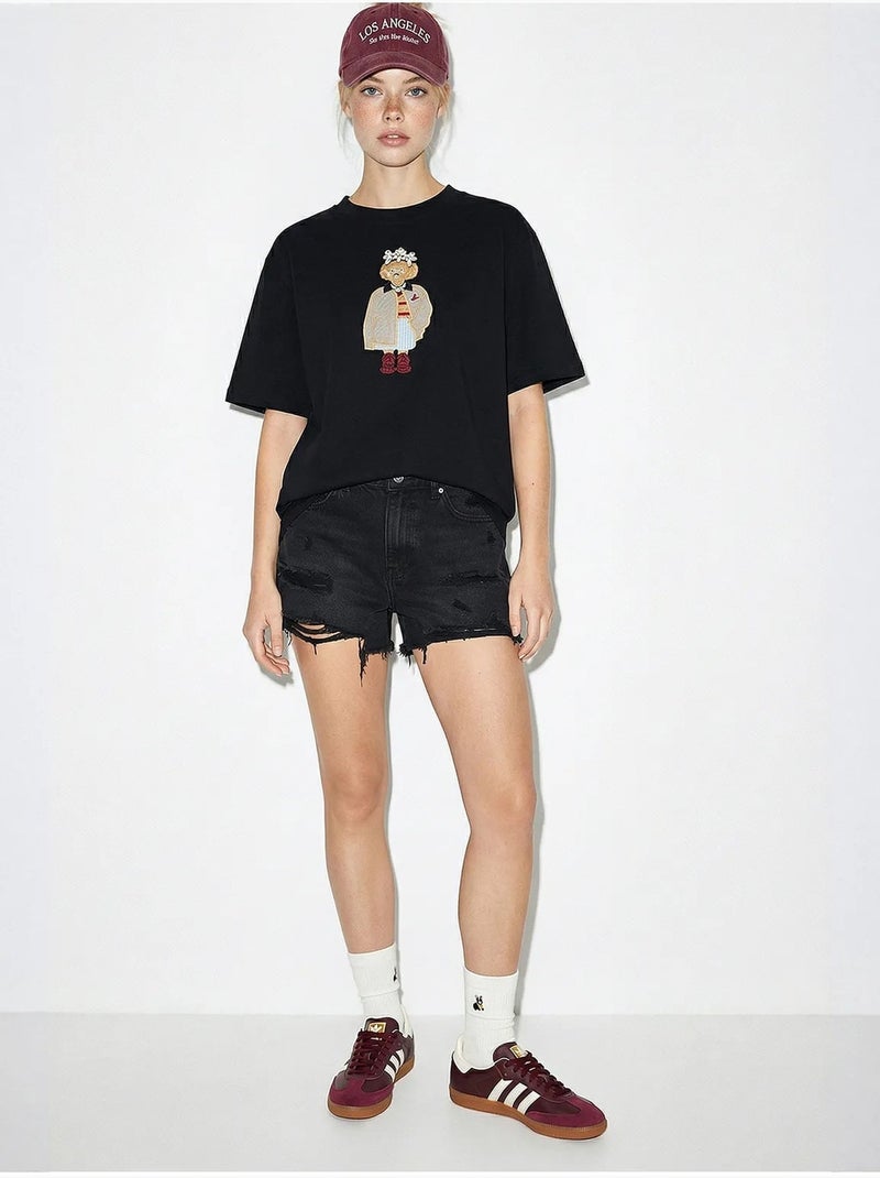 T-shirt brodé à col rond et coupe décontractée lucci Noir - Kiabi