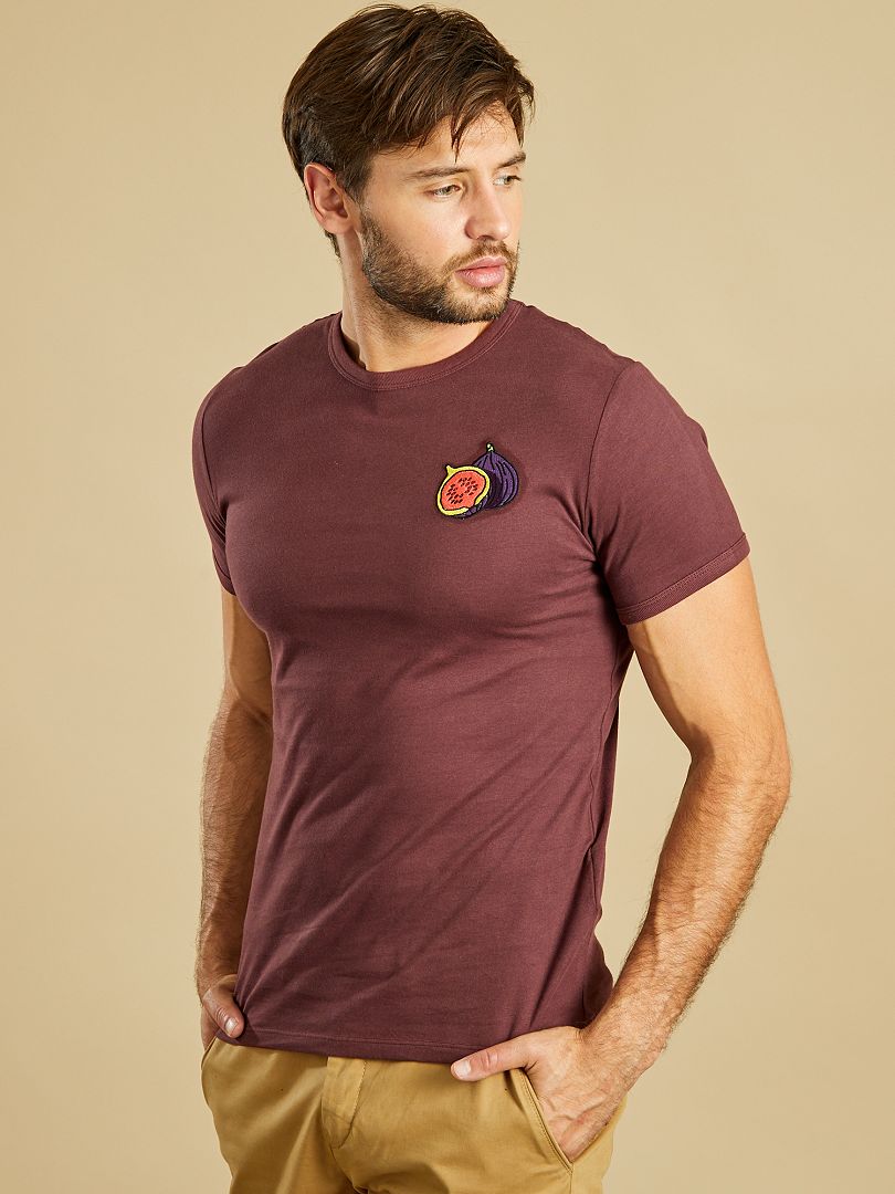 T-shirt brodé 'figue' coupe ajustée bordeaux - Kiabi