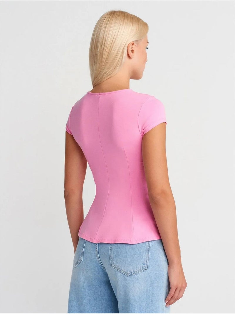 T-shirt cintré à col rond et volants dilvin Rose fluo/Solinotes - Kiabi