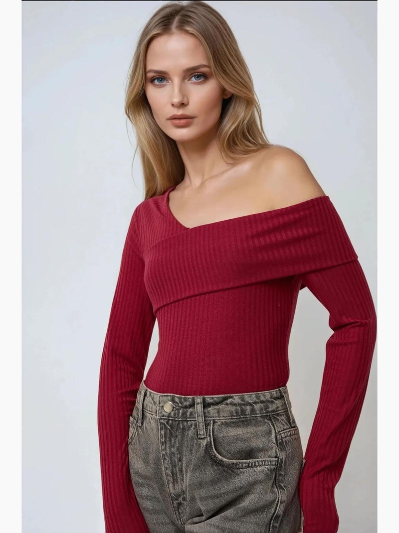 T-shirt col asymétrique maille texturée manches longues hiccup Rouge bordeaux - Kiabi
