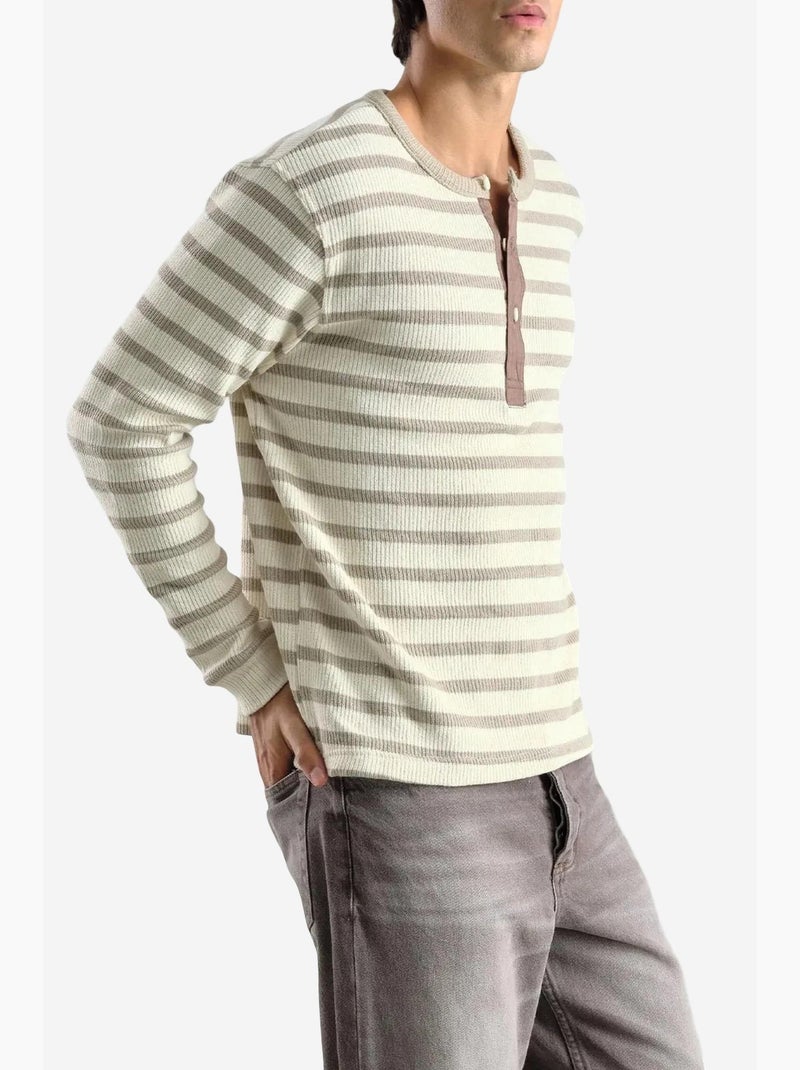T-shirt col boutonné manches longues rayé giesto Beige argile - Kiabi