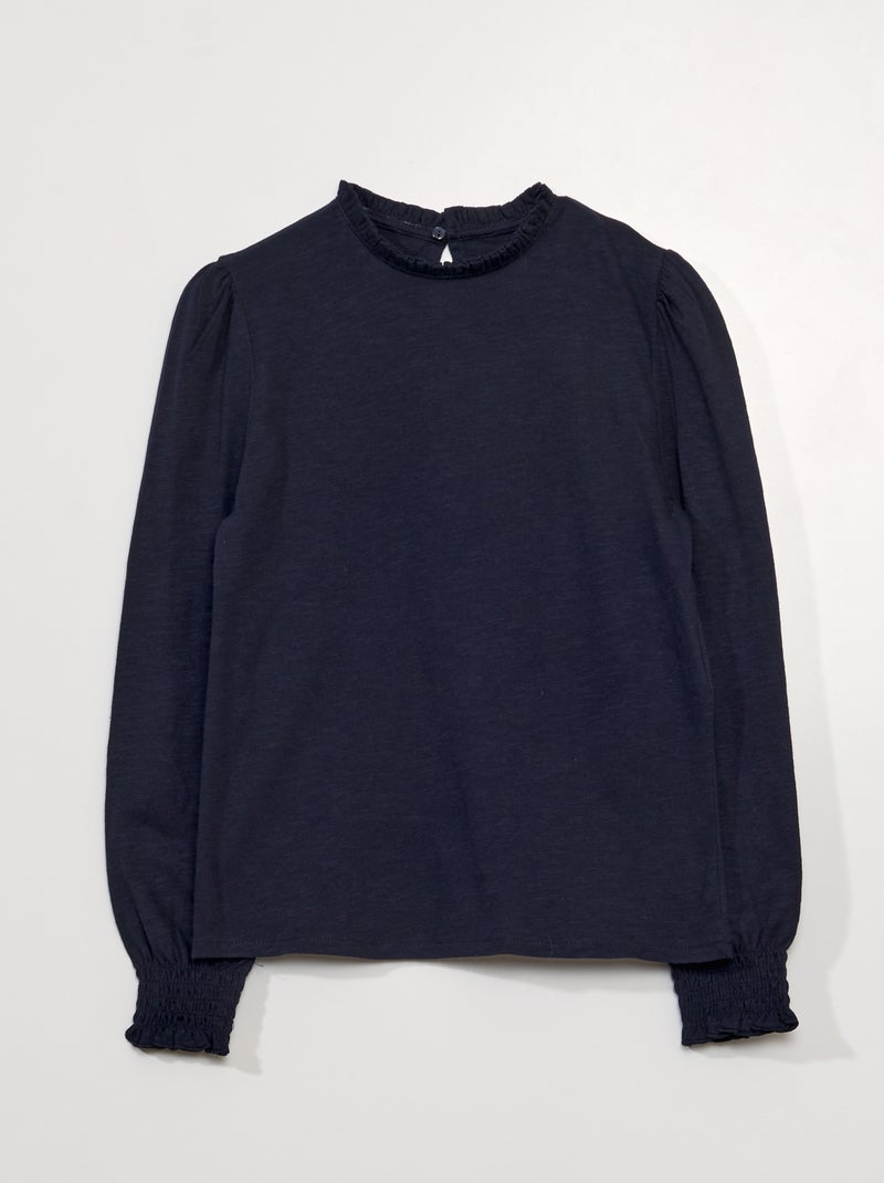 T-shirt col froufrous Bleu - Kiabi