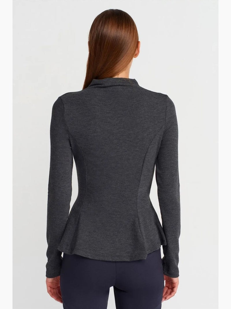 T-shirt col lange mouwen peplum aansluitend dilvin Grijs Zwart - Kiabi