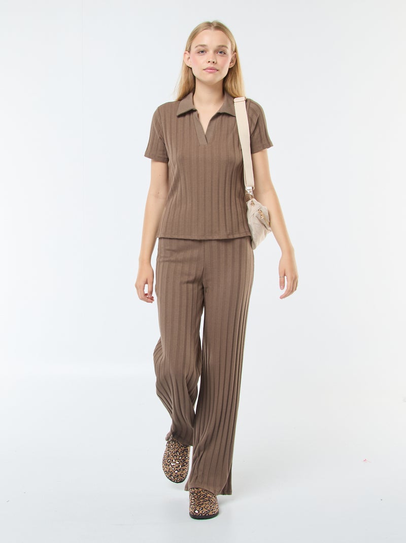 T-shirt col polo en coton stretch Marron - Kiabi
