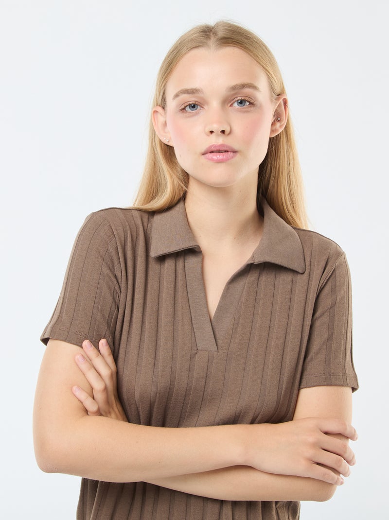 T-shirt col polo en coton stretch Marron - Kiabi
