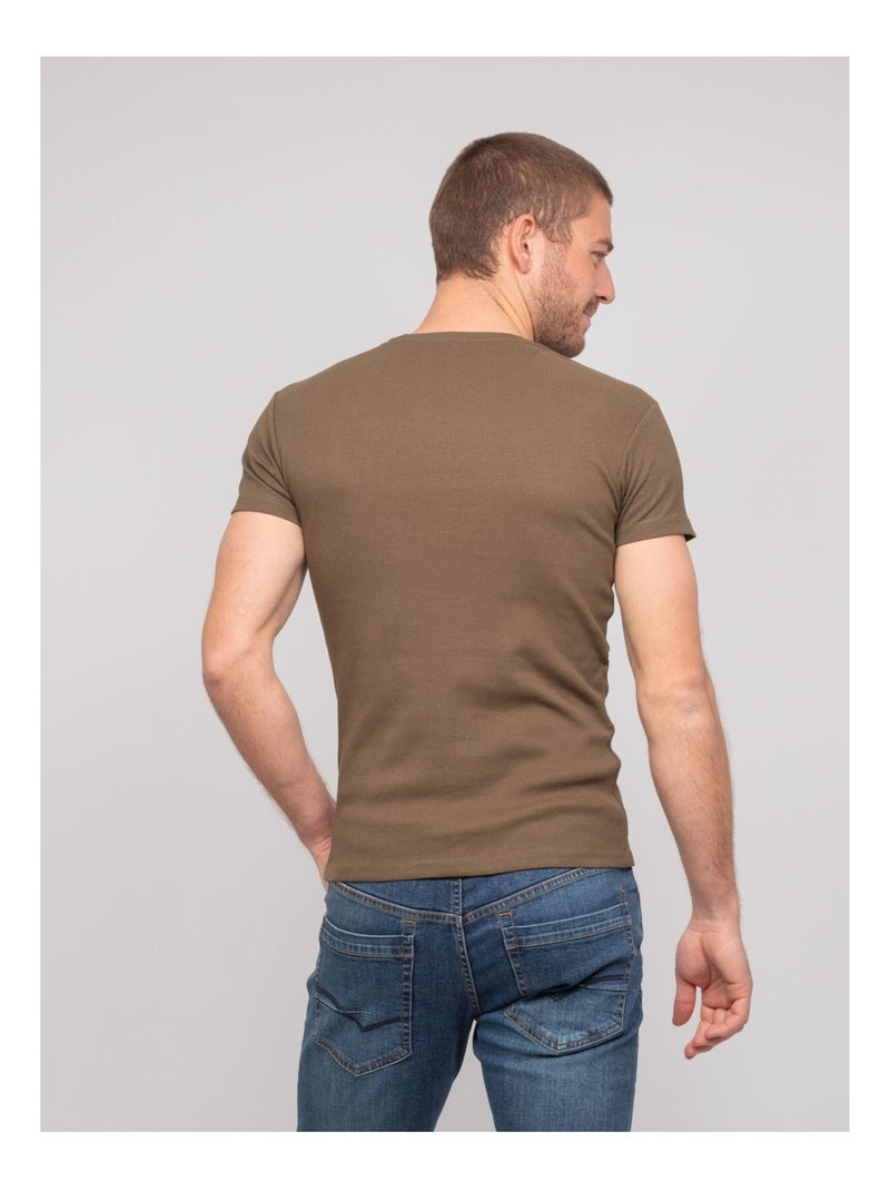 T shirt col rond coton cotelé walter Kaki - Kiabi