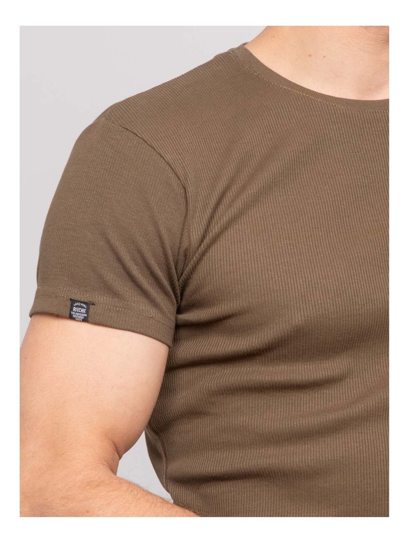 T shirt col rond coton cotelé walter Kaki - Kiabi