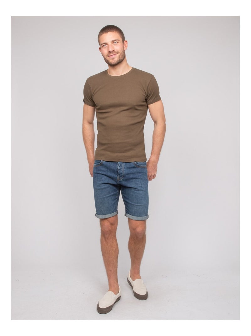 T shirt col rond coton cotelé walter Kaki - Kiabi