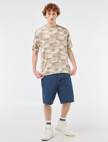 T-shirt col rond imprimé 'camouflage' en coton