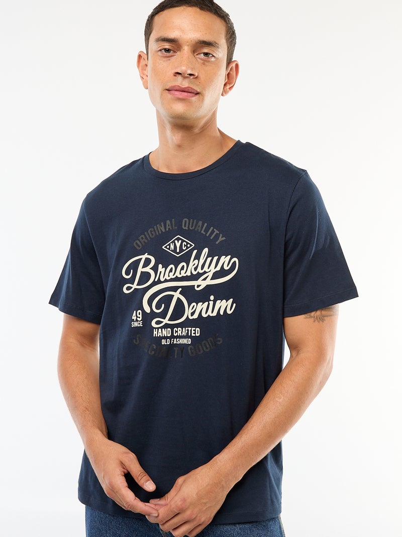 T-shirt col rond imprimé en coton Bleu - Kiabi
