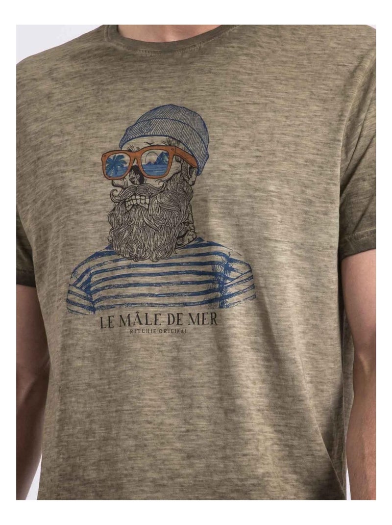 T-shirt col rond naparot Kaki - Kiabi