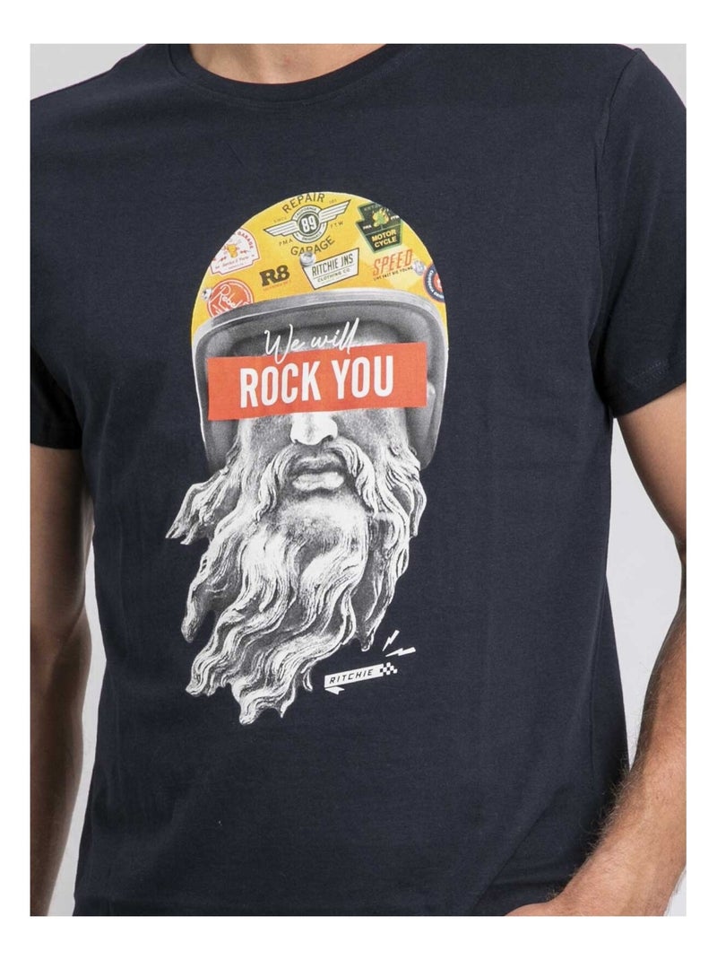 T-shirt col rond pur coton jomodek Bleu marine - Kiabi