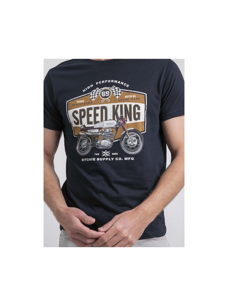 T-shirt col rond pur coton neloric Bleu marine - Kiabi