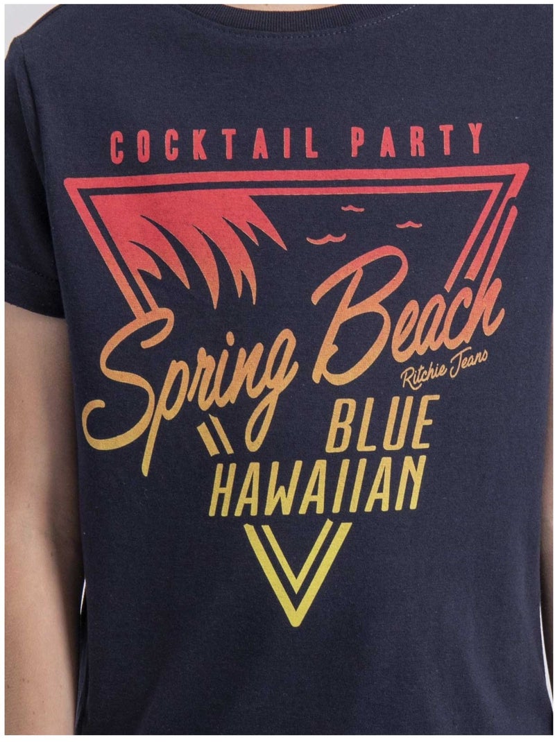 T-shirt col rond pur coton noclark garçon Bleu marine - Kiabi