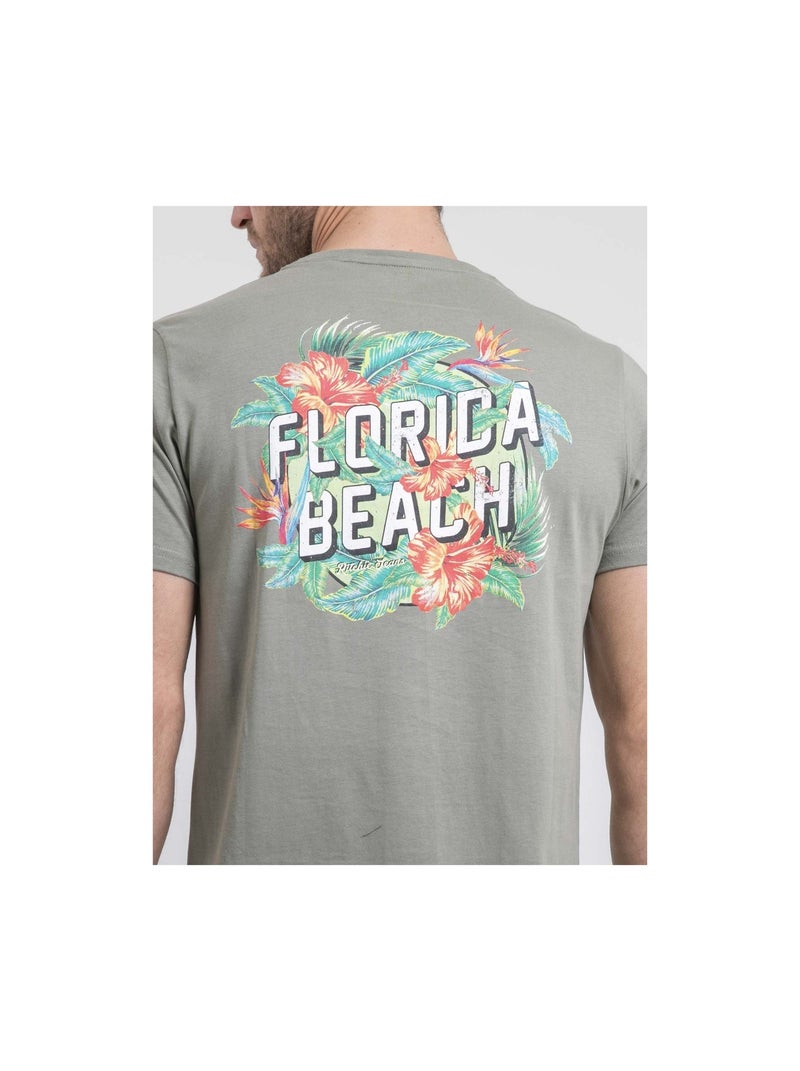 T-shirt col rond pur coton nogozo Kaki - Kiabi