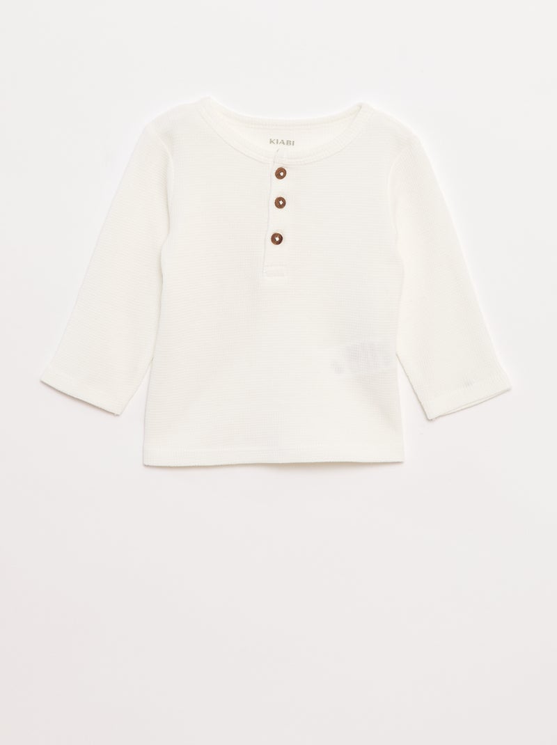 T-shirt col tunisien en maille gaufrée blanc - Kiabi